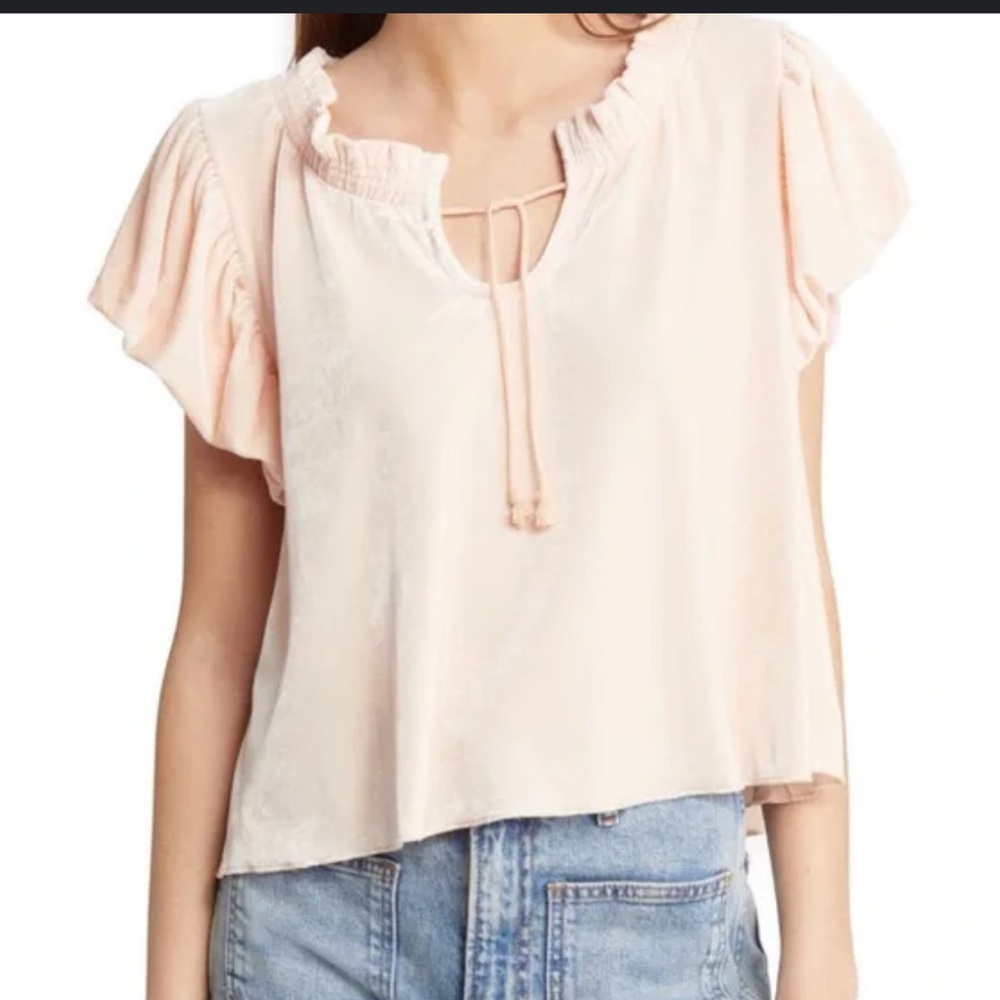 Free People Terese Velvet Ruffled Blush Soft Pink Top loose flowing fit small